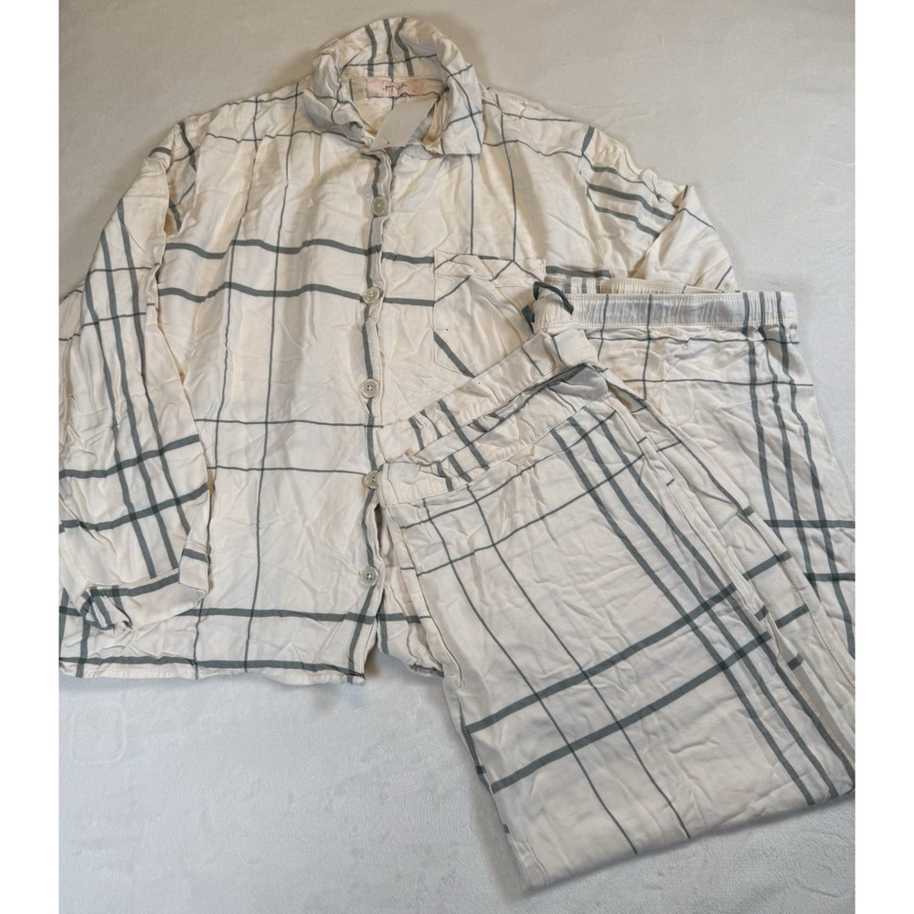NWT Papinelle Comfy Plaid Pajama Set L Almond Ecovero Viscose PJs Flaw